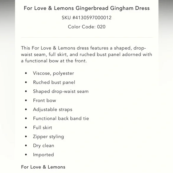 NWT For Love & Lemons Gingerbread Gingham Dress - Picture 5 of 7